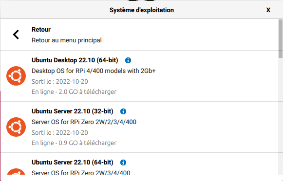 versions d'Ubuntu sur le raspberry pi imager